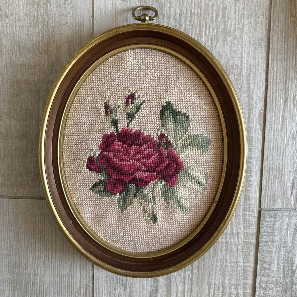 Lot-3 Vintage Needlepoint Rose Flowers in Oval Frames & Hangers Cottage Core